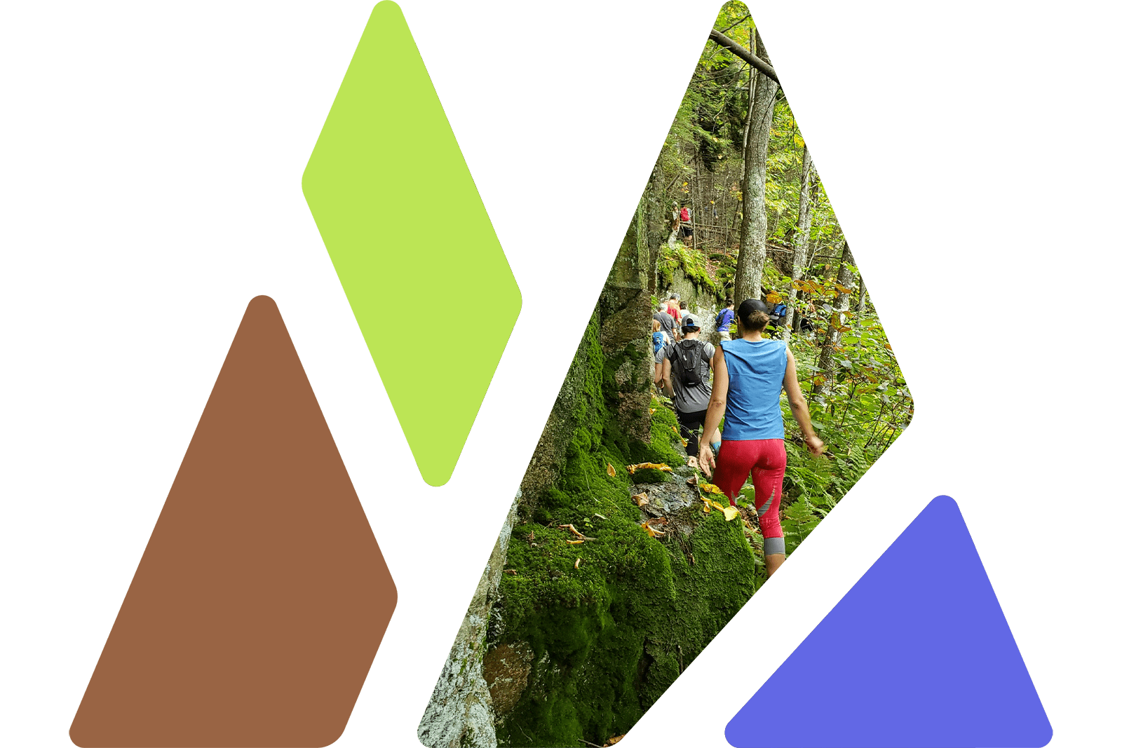 Logo de Mont Bélair Découvertes avec une image d'un groupe de randonneurs auprès d'une falaise intégrée dans une partie de celui-ci.