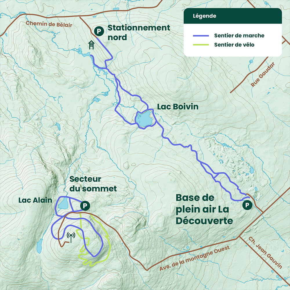 Carte du secteur de la Base de plein air La Découvertes avec les sentiers identifiés.