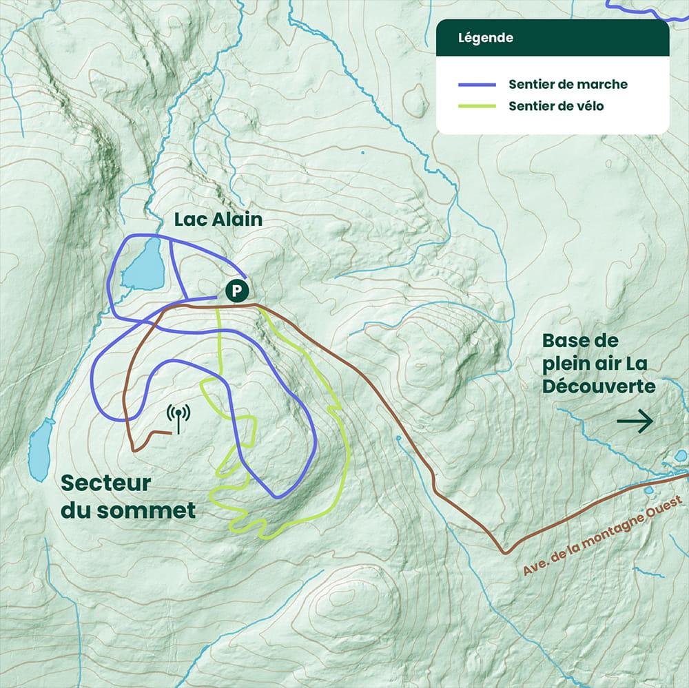 Carte du secteur du sommet avec les sentiers identifiés.