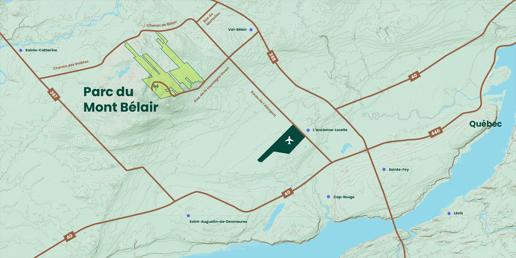 Carte de la région de Québec avec la zone du parc du Mont-Bélair indiquée.